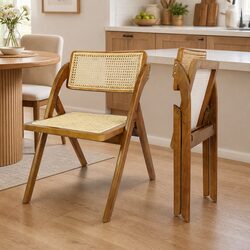 Walnut-Finished Foldable Rattan Dining Chairs Set of 2