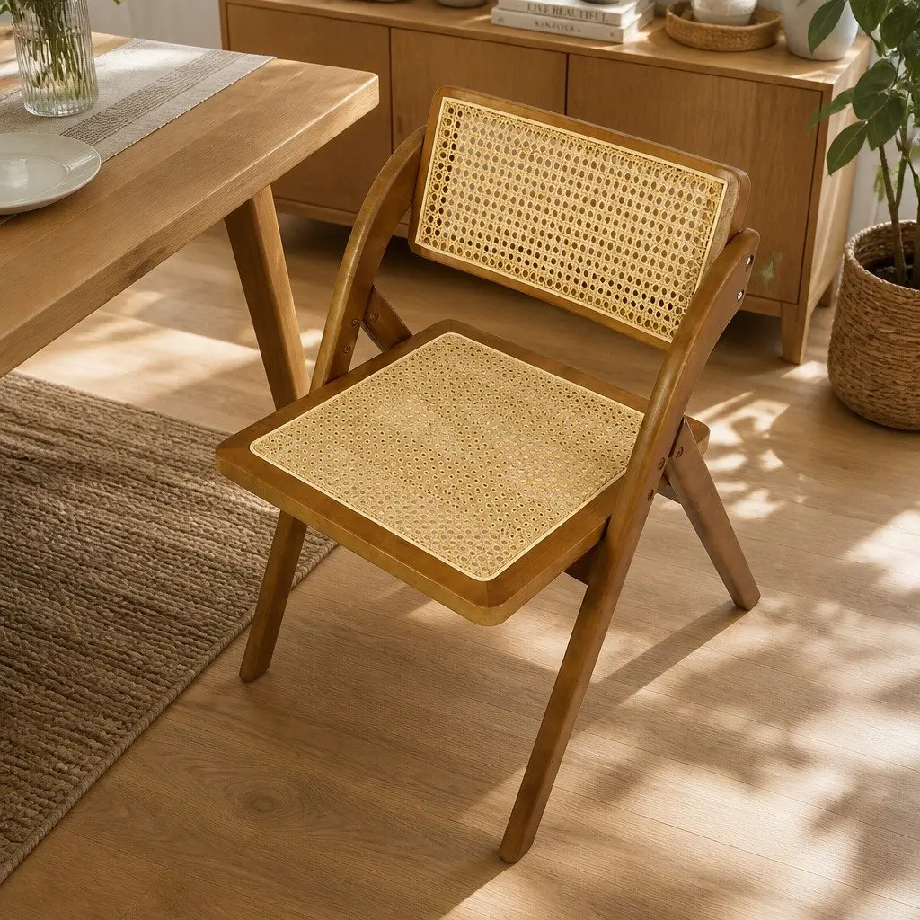 Walnut-Finished Foldable Rattan Dining Chairs Set of 2
