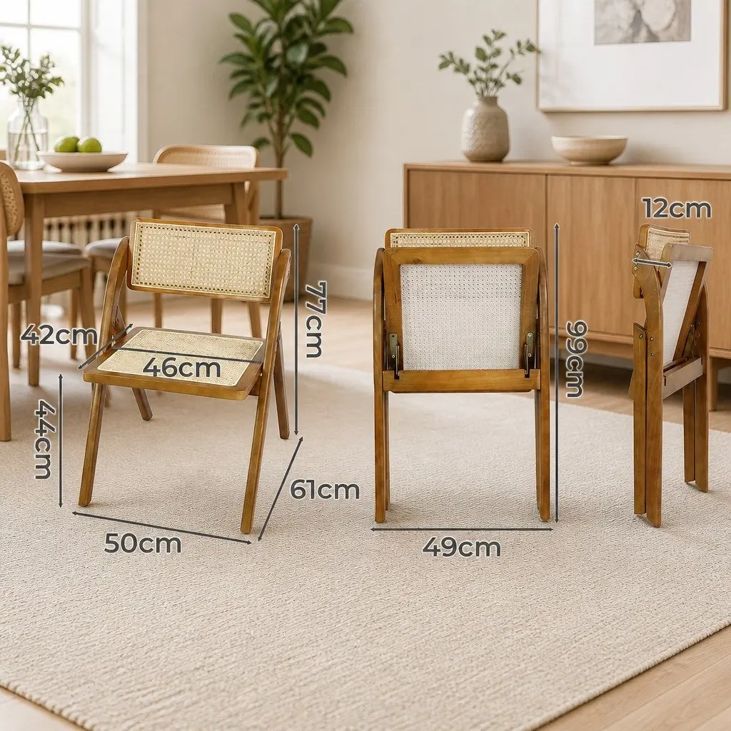 Walnut-Finished Foldable Rattan Dining Chairs Set of 2