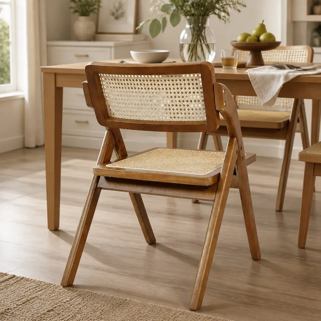Walnut-Finished Foldable Rattan Dining Chairs Set of 2