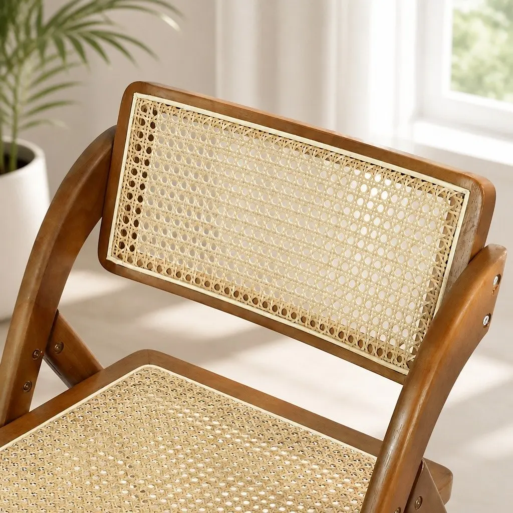 Walnut-Finished Foldable Rattan Dining Chairs Set of 2