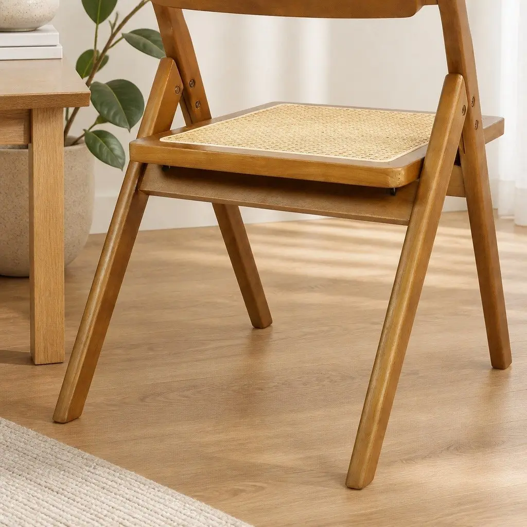 Walnut-Finished Foldable Rattan Dining Chairs Set of 2