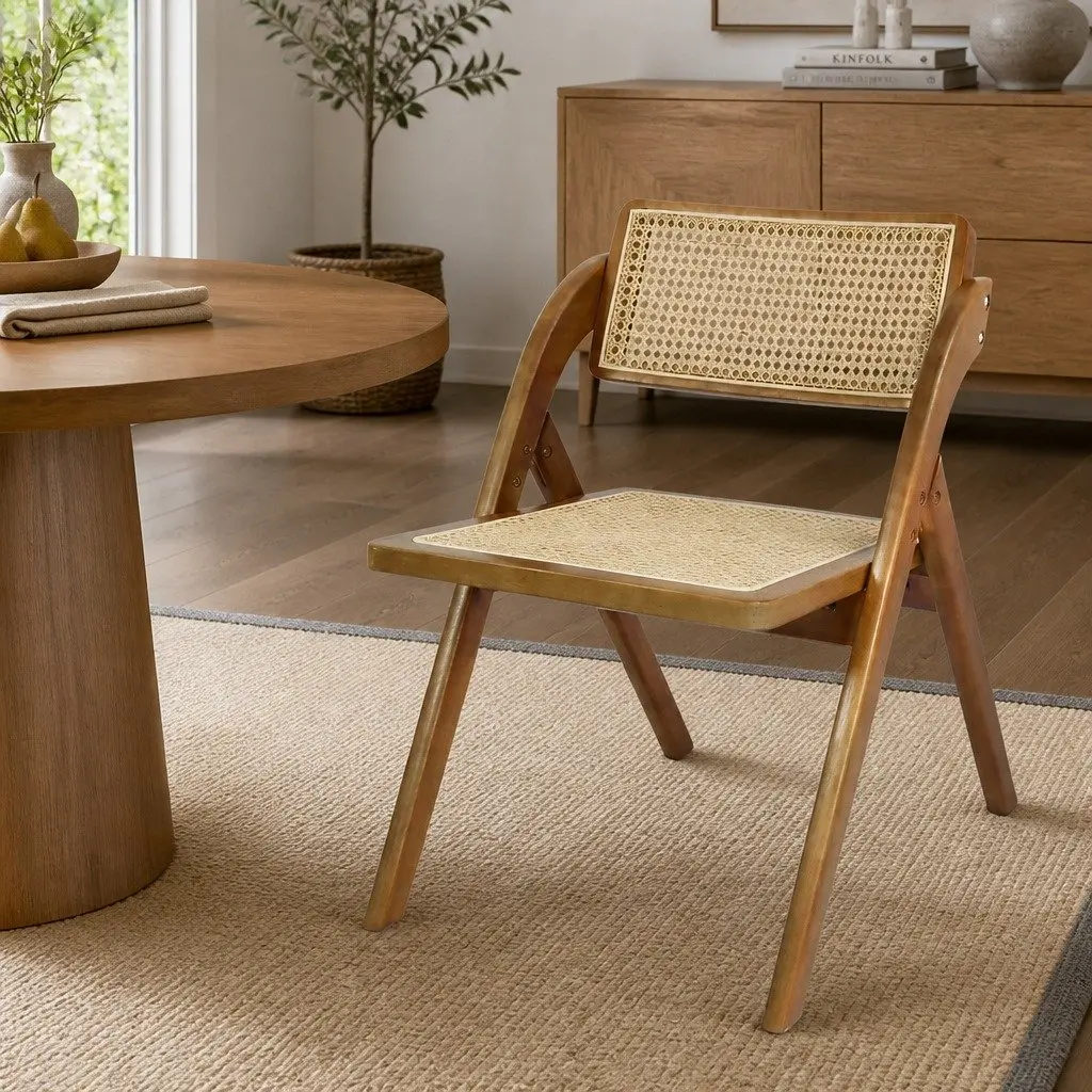 Walnut-Finished Foldable Rattan Dining Chairs Set of 2