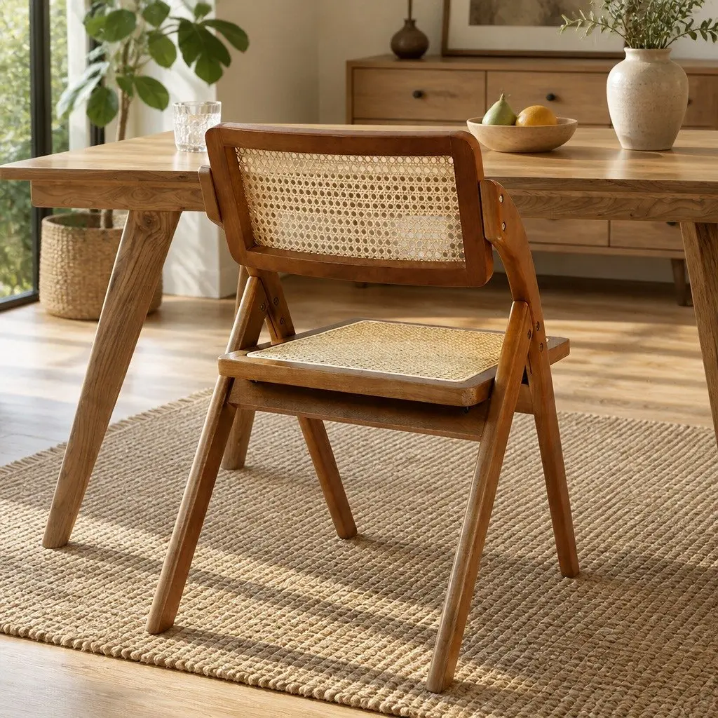 Walnut-Finished Foldable Rattan Dining Chairs Set of 2