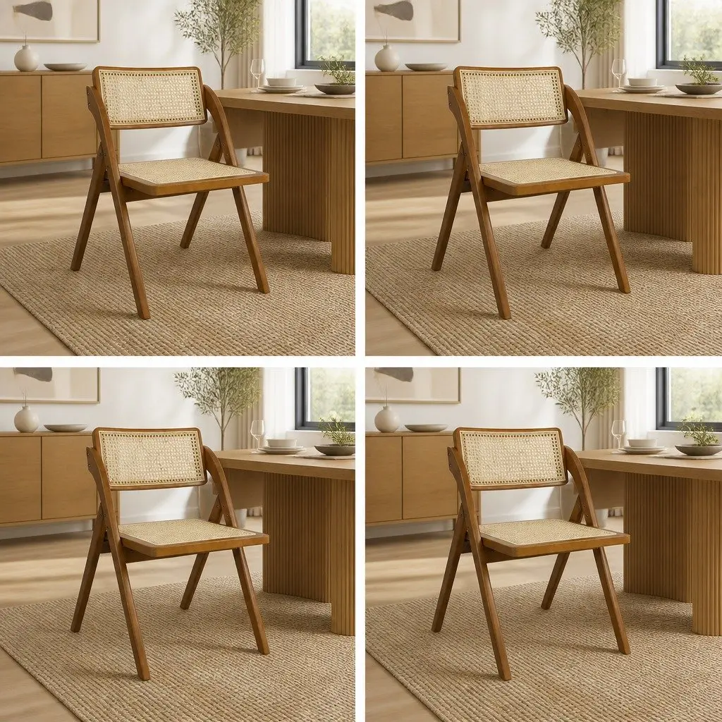 Foldable Rattan Dining Chairs Set of 4 Walnut Wood Frame Lounge Seating