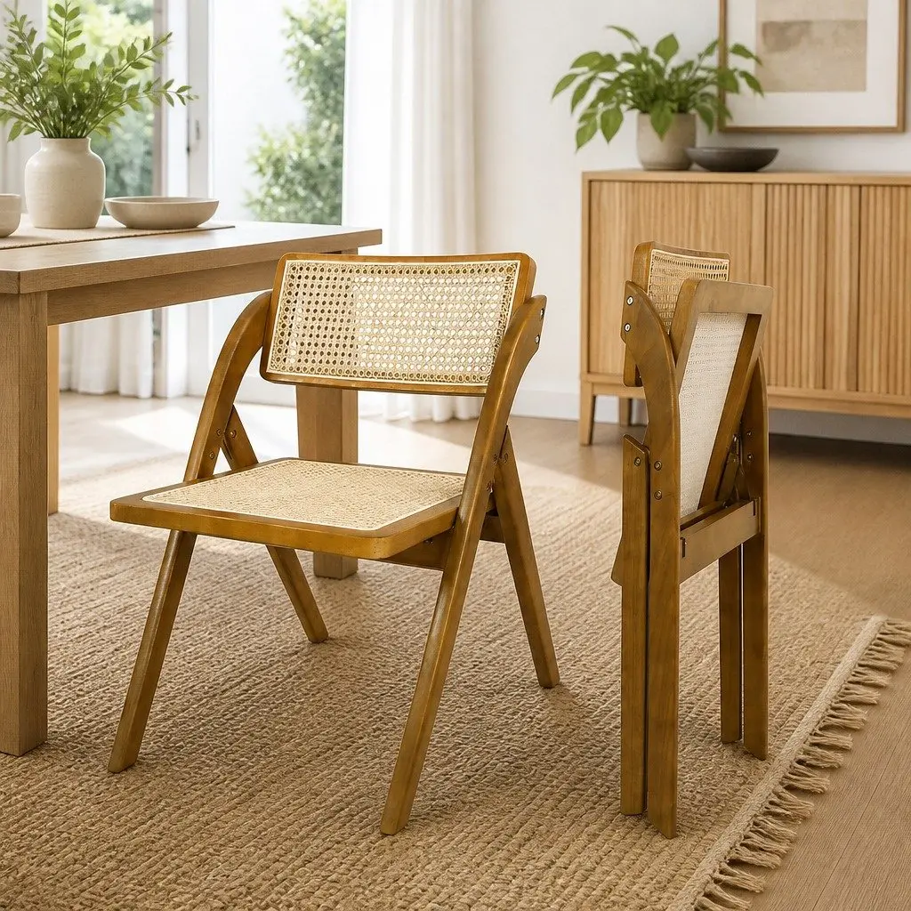 Foldable Rattan Dining Chairs Set of 4 Walnut Wood Frame Lounge Seating
