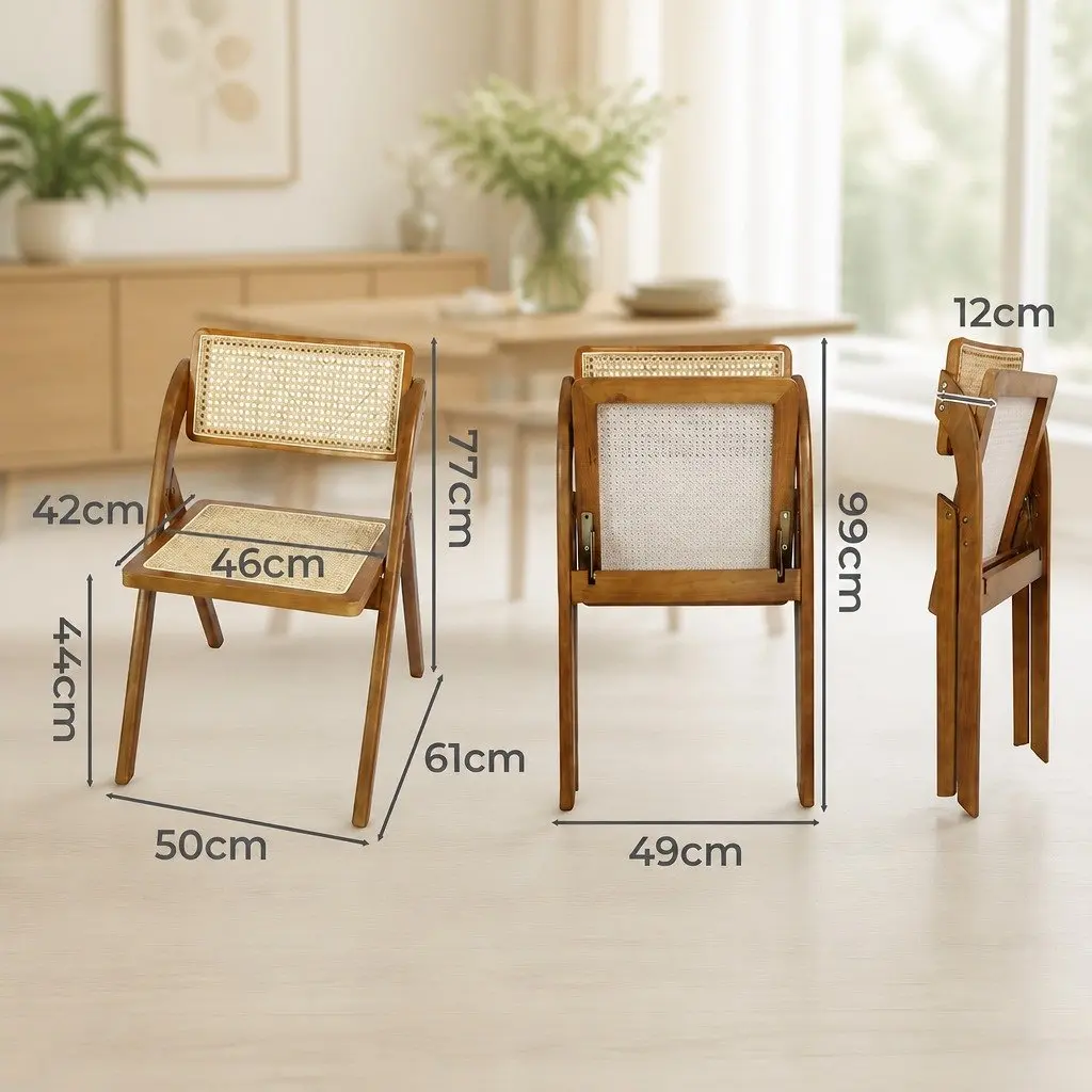Foldable Rattan Dining Chairs Set of 4 Walnut Wood Frame Lounge Seating