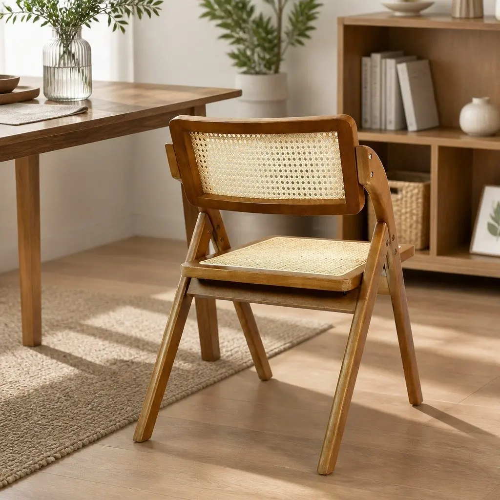 Foldable Rattan Dining Chairs Set of 4 Walnut Wood Frame Lounge Seating
