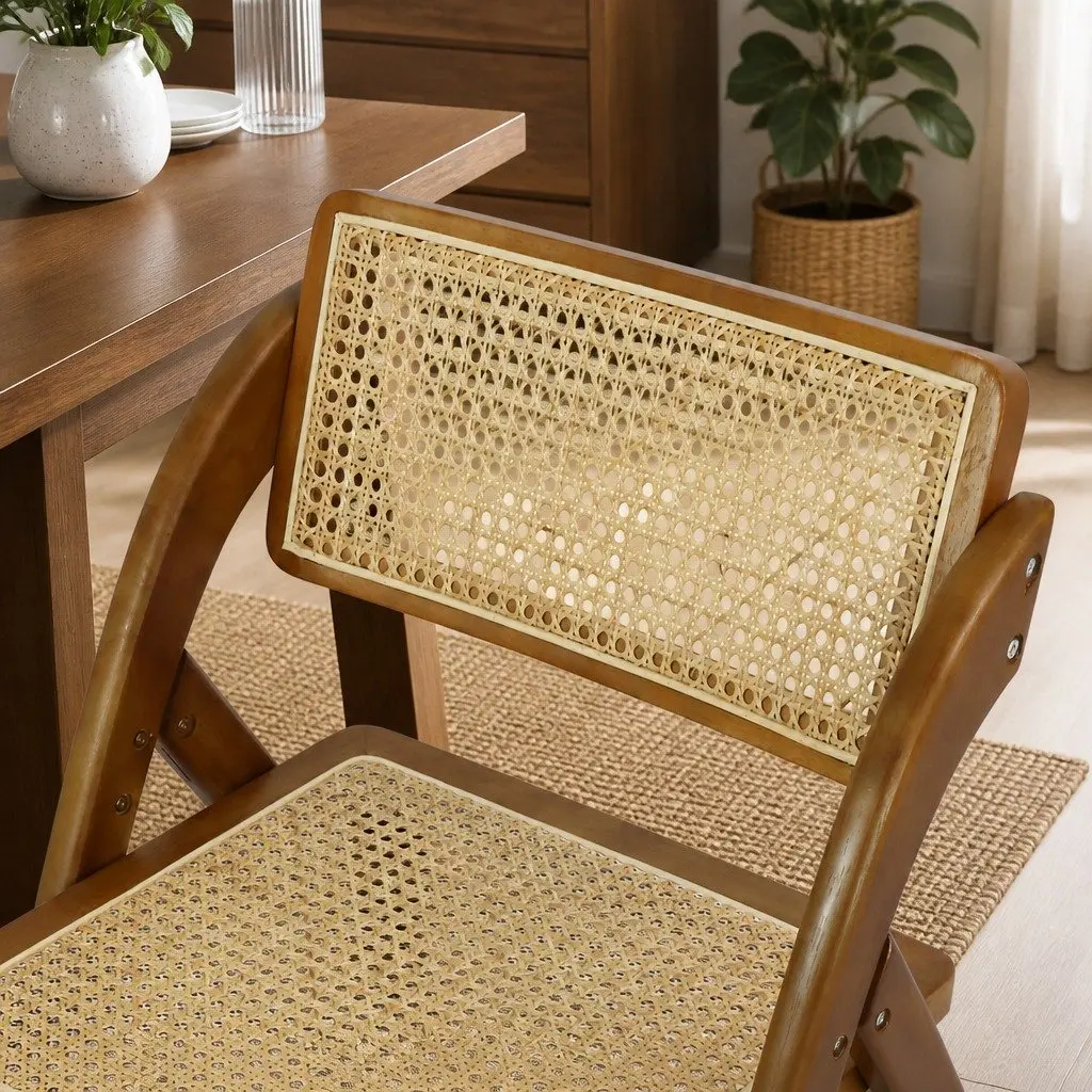 Foldable Rattan Dining Chairs Set of 4 Walnut Wood Frame Lounge Seating