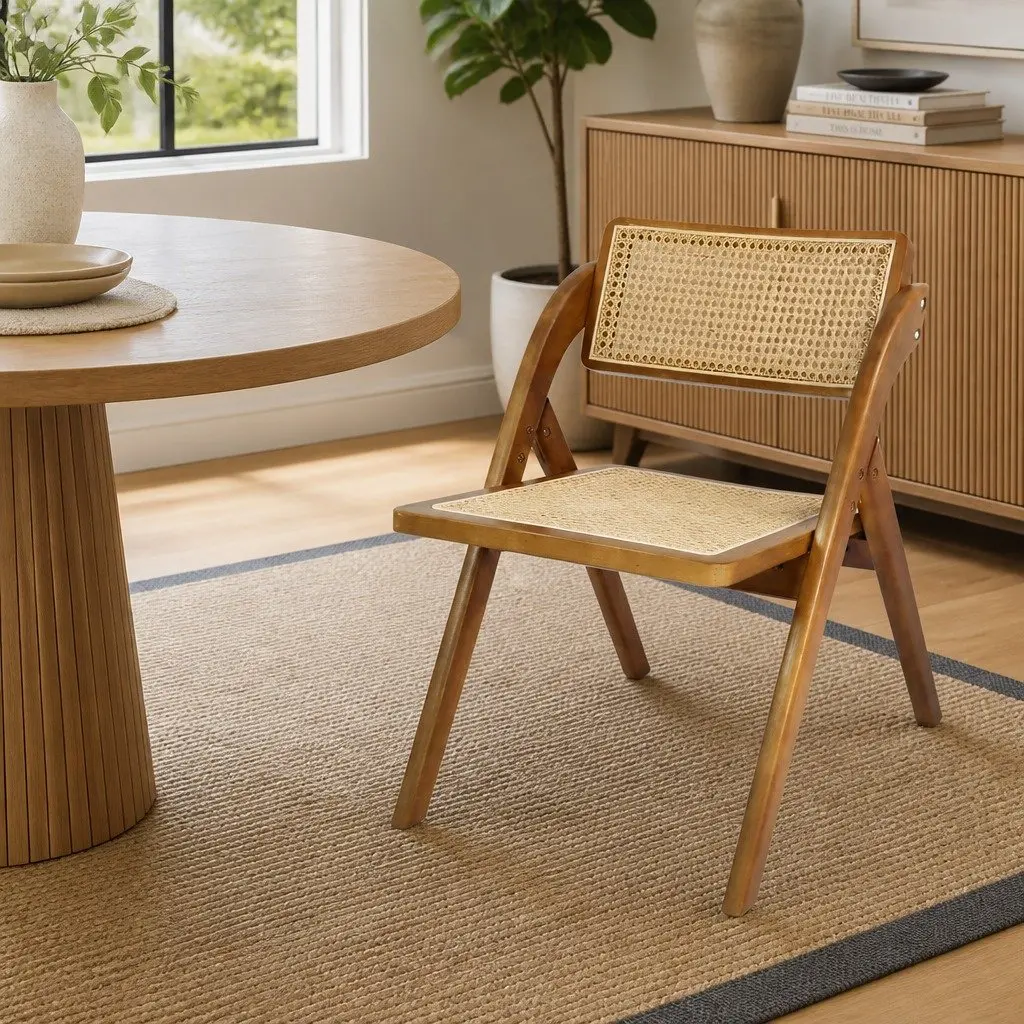 Foldable Rattan Dining Chairs Set of 4 Walnut Wood Frame Lounge Seating