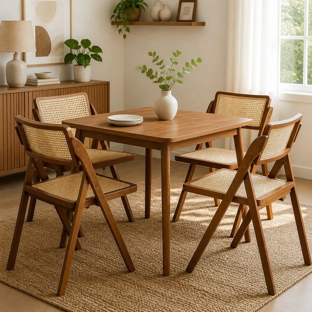 Foldable Rattan Dining Chairs Set of 4 Walnut Wood Frame Lounge Seating