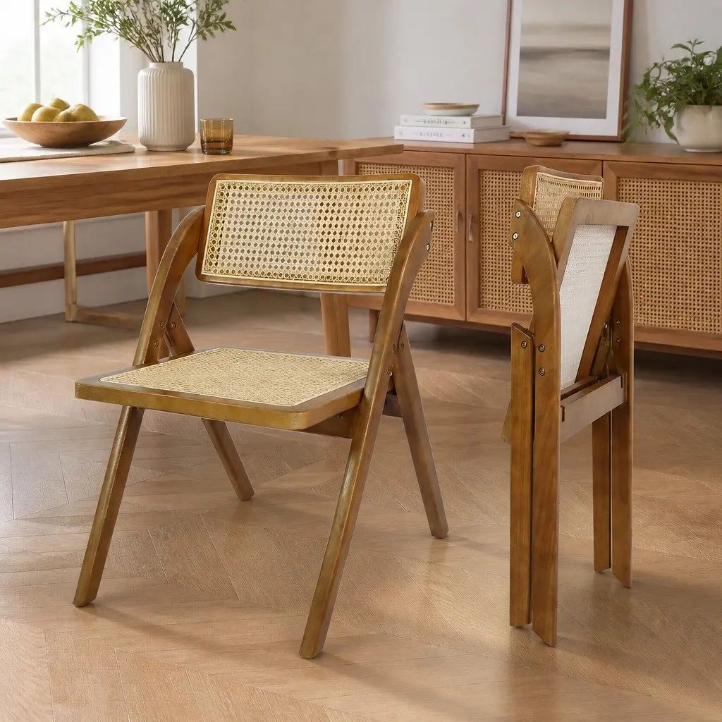 Foldable Rattan Dining Chairs Set of 4 Walnut Wood Frame Lounge Seating