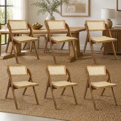 Set of 6 Foldable Dining Chairs with Rattan Weaving