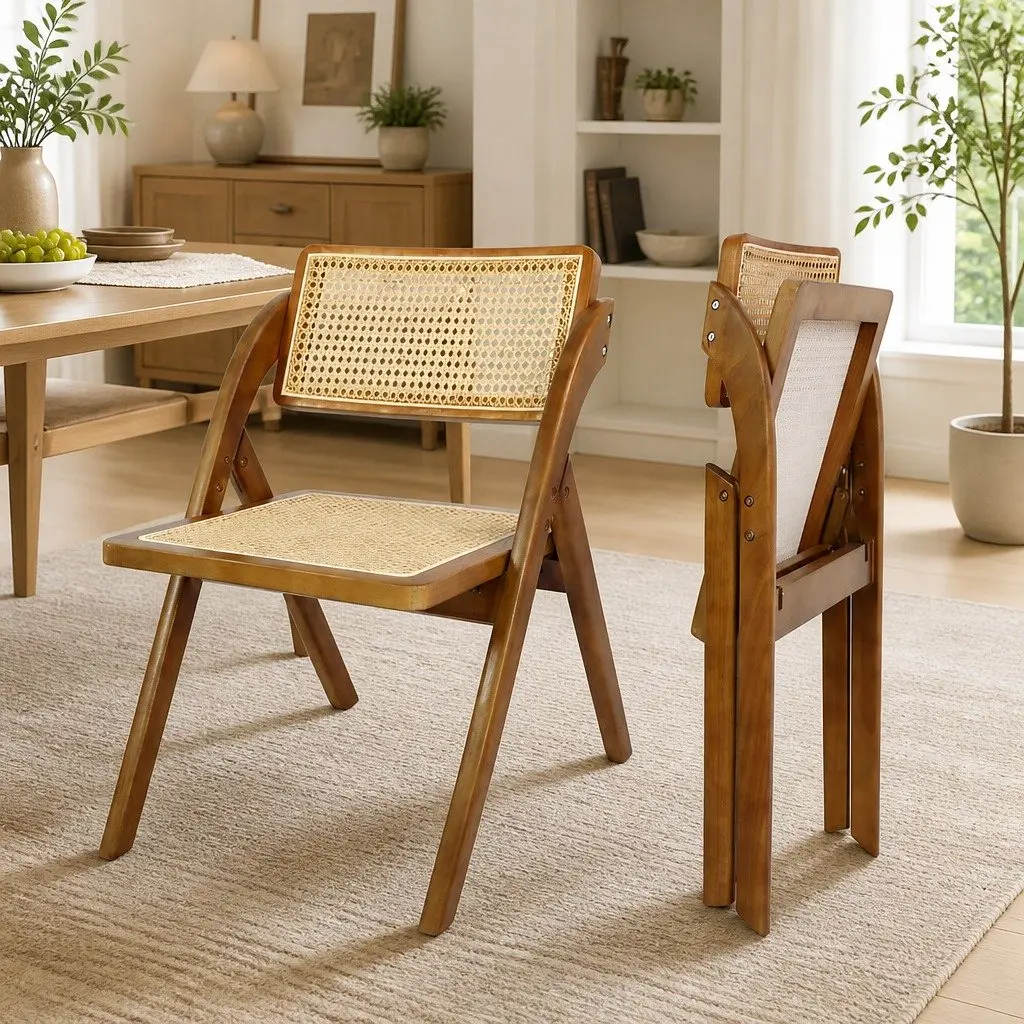 Foldable Rattan Dining Chairs Walnut Rubber Wood Frame 6 Piece