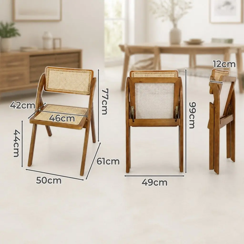 Foldable Rattan Dining Chairs Walnut Rubber Wood Frame 6 Piece
