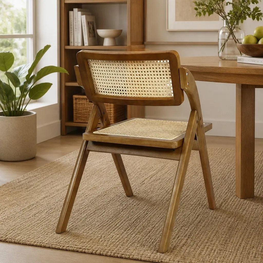 Foldable Rattan Dining Chairs Walnut Rubber Wood Frame 6 Piece