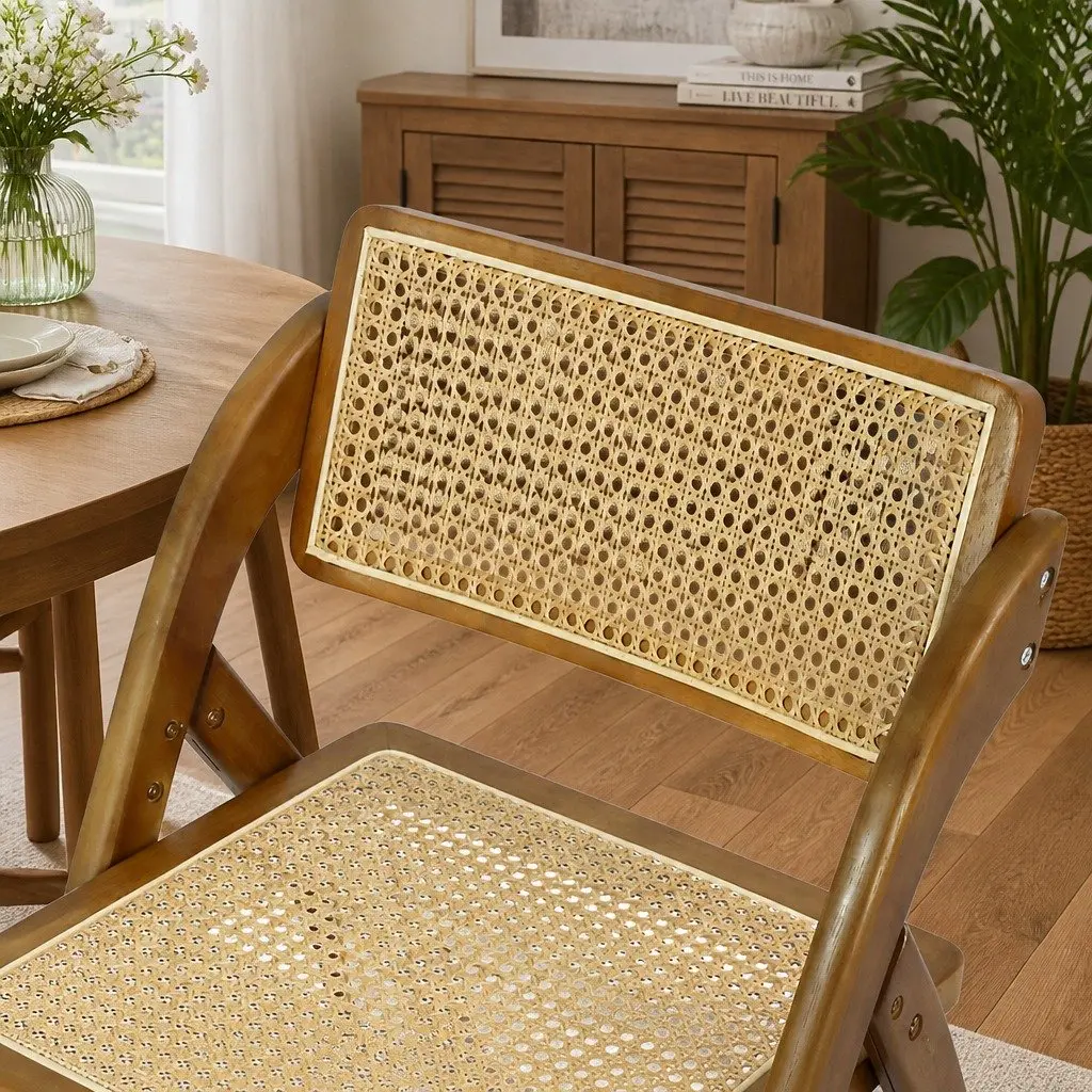 Foldable Rattan Dining Chairs Walnut Rubber Wood Frame 6 Piece