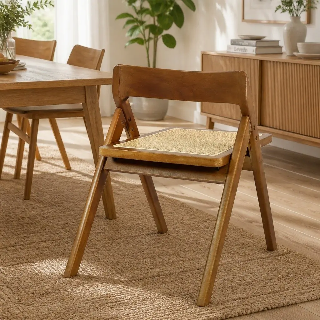 Foldable Rattan Dining Chairs Walnut Rubber Wood Frame 6 Piece