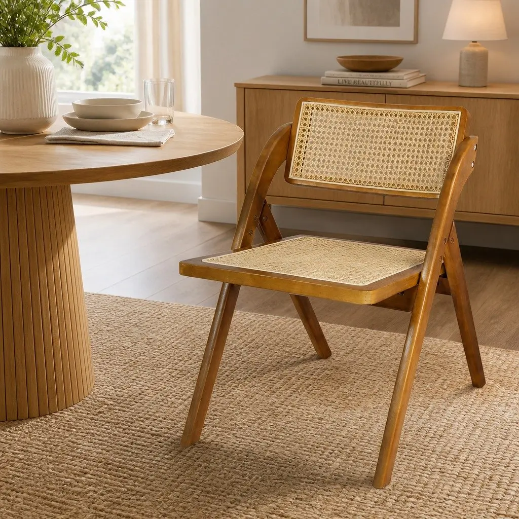 Foldable Rattan Dining Chairs Walnut Rubber Wood Frame 6 Piece