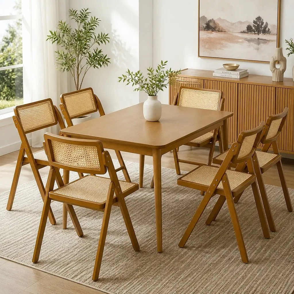Foldable Rattan Dining Chairs Walnut Rubber Wood Frame 6 Piece