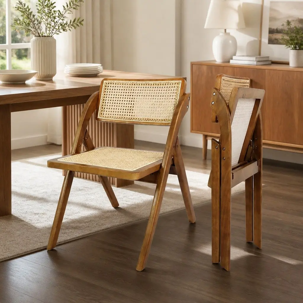 Foldable Rattan Dining Chairs Walnut Rubber Wood Frame 6 Piece