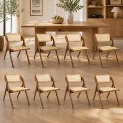 Set of 8 Walnut Frame Foldable Rattan Chairs