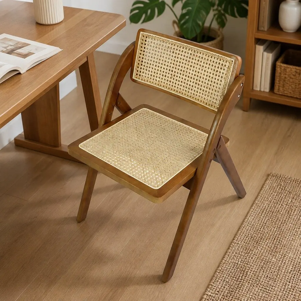 Foldable Dining Chairs Walnut Wood Frame Rattan Weaving Set of 8