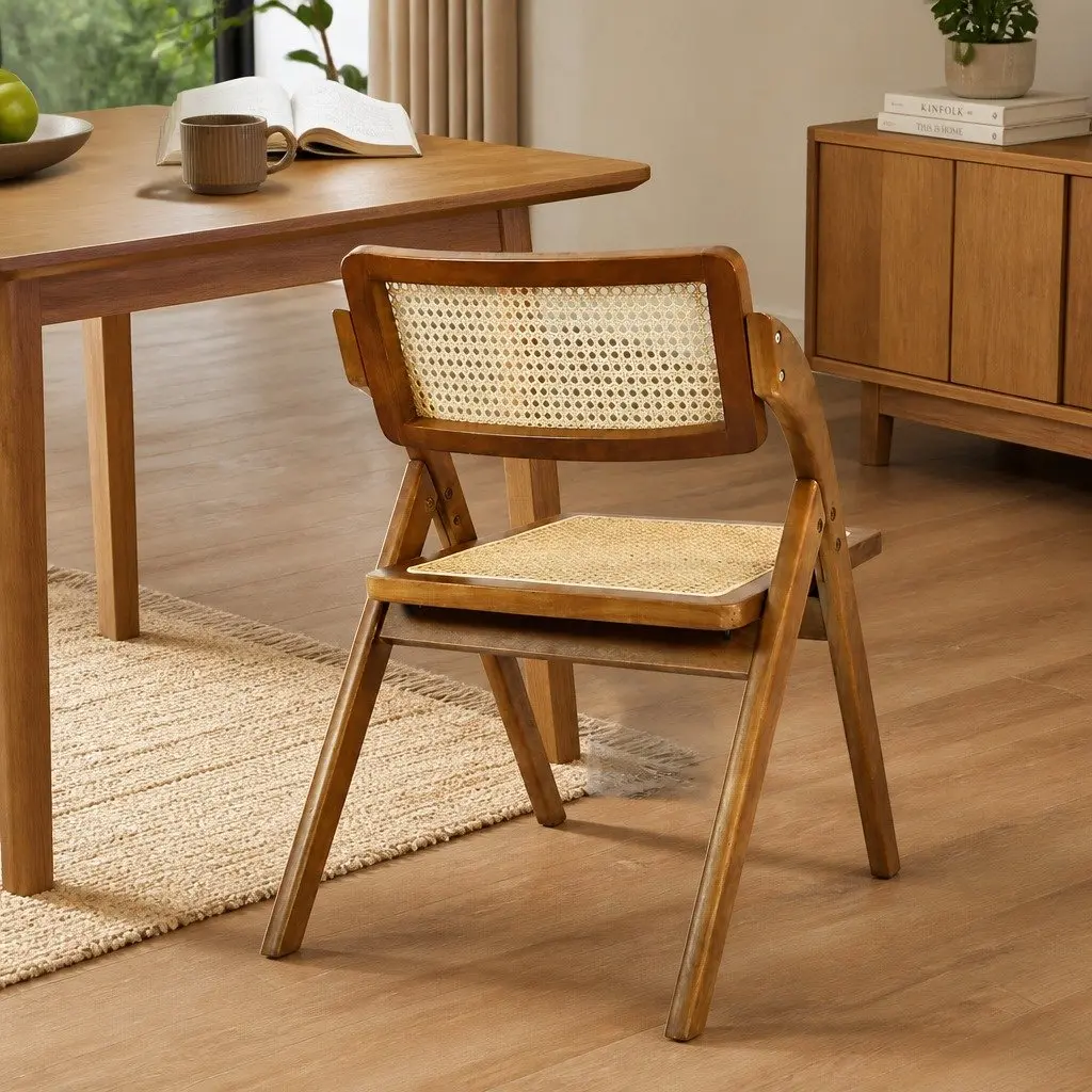 Foldable Dining Chairs Walnut Wood Frame Rattan Weaving Set of 8