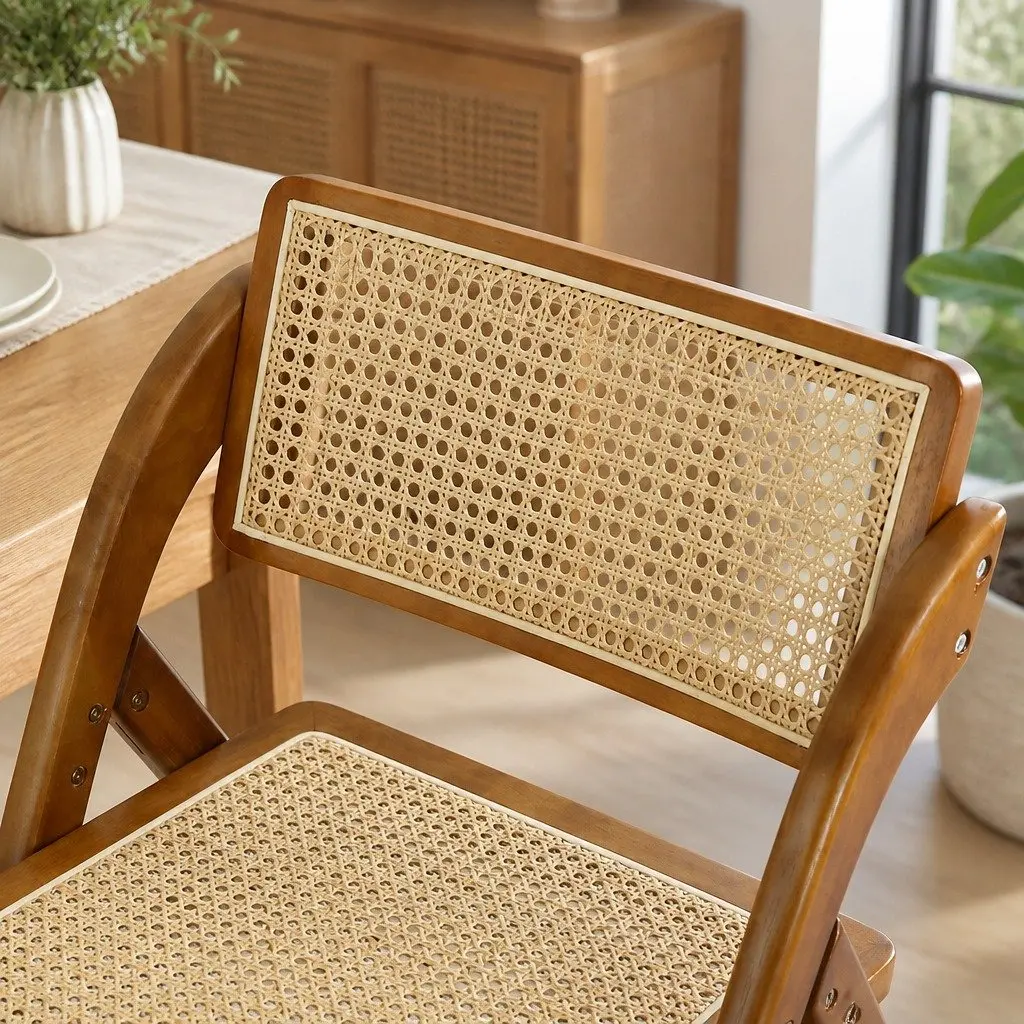Foldable Dining Chairs Walnut Wood Frame Rattan Weaving Set of 8