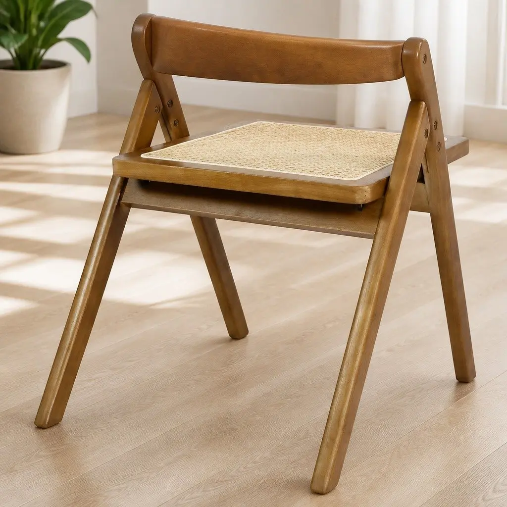 Foldable Dining Chairs Walnut Wood Frame Rattan Weaving Set of 8