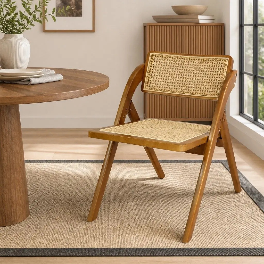 Foldable Dining Chairs Walnut Wood Frame Rattan Weaving Set of 8