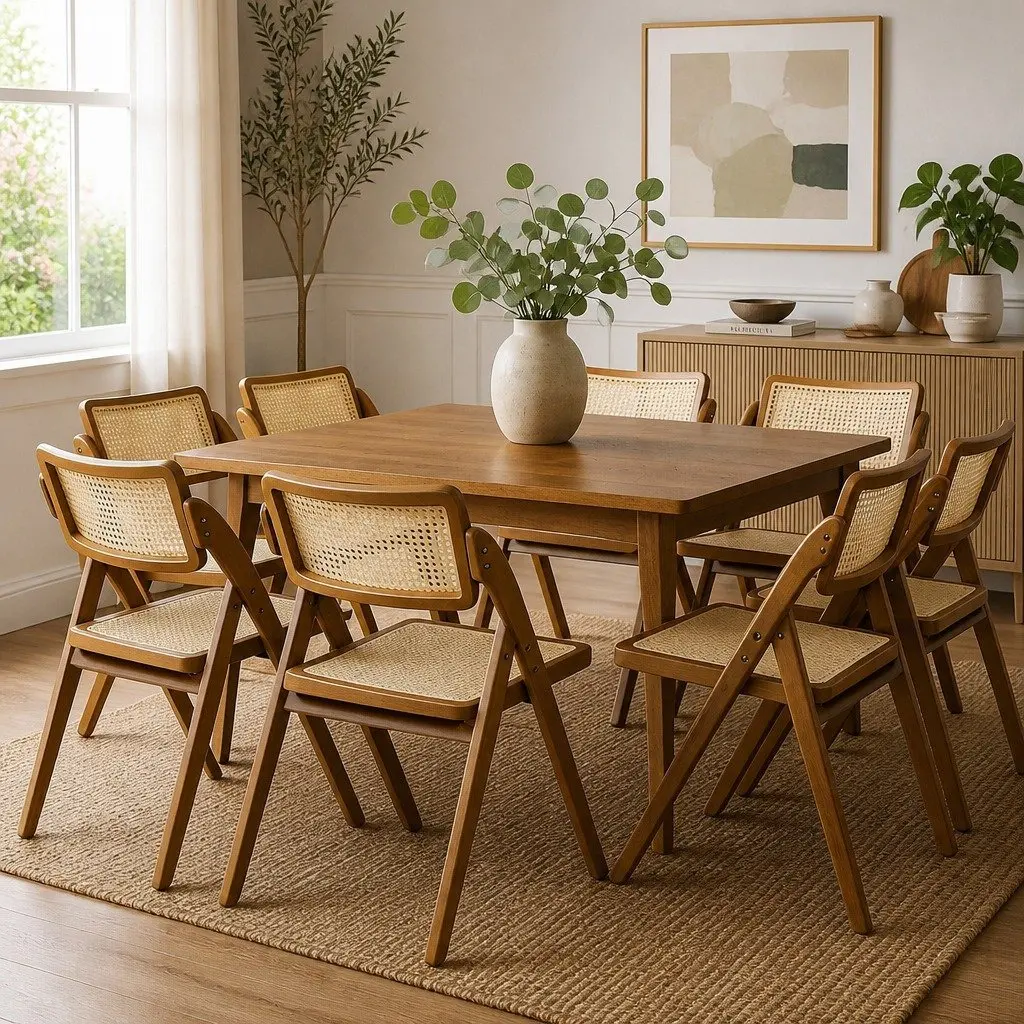 Foldable Dining Chairs Walnut Wood Frame Rattan Weaving Set of 8