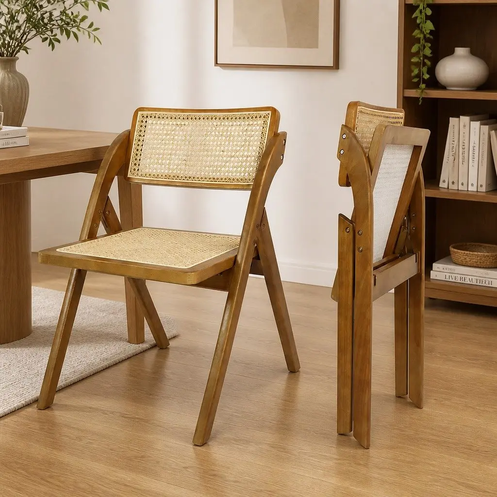 Foldable Dining Chairs Walnut Wood Frame Rattan Weaving Set of 8