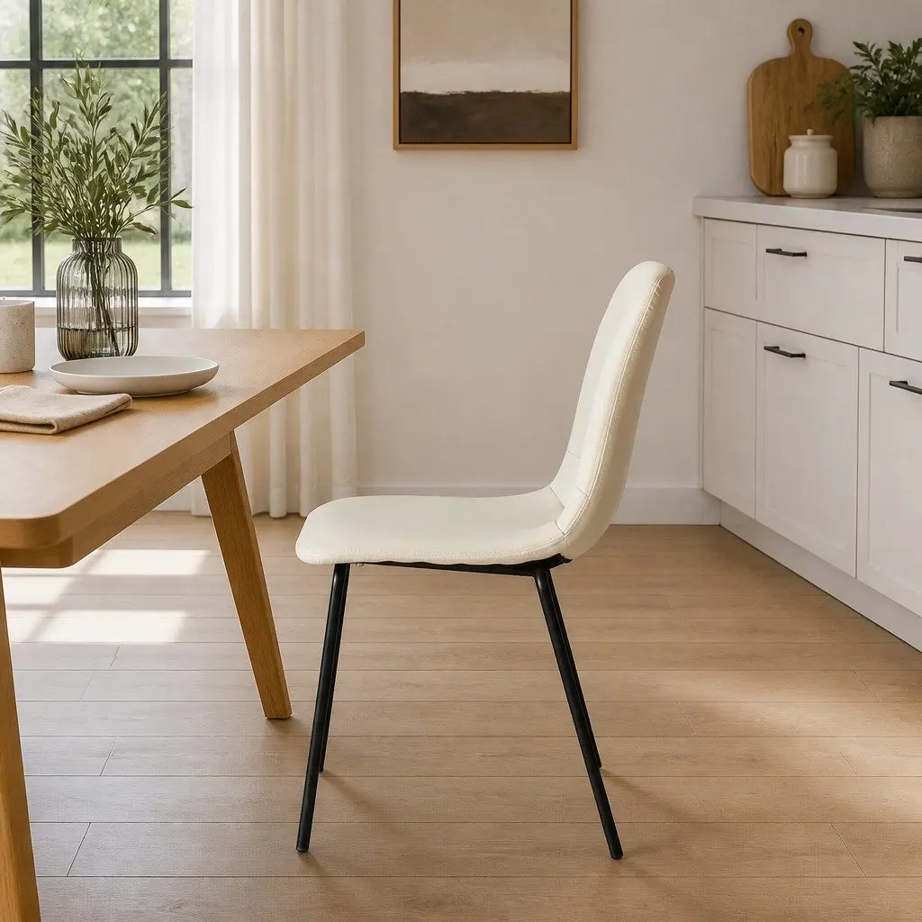 Set of 8 Ergonomic Dining Chairs Beige Space-Saving Steel Frame PU Leather Upholstery