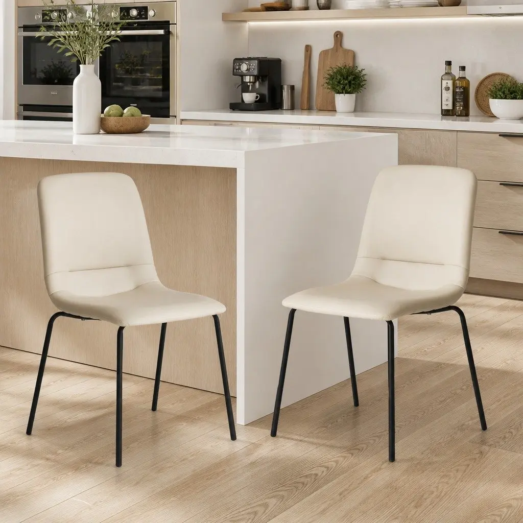 Set of 8 Ergonomic Dining Chairs Beige Space-Saving Steel Frame PU Leather Upholstery