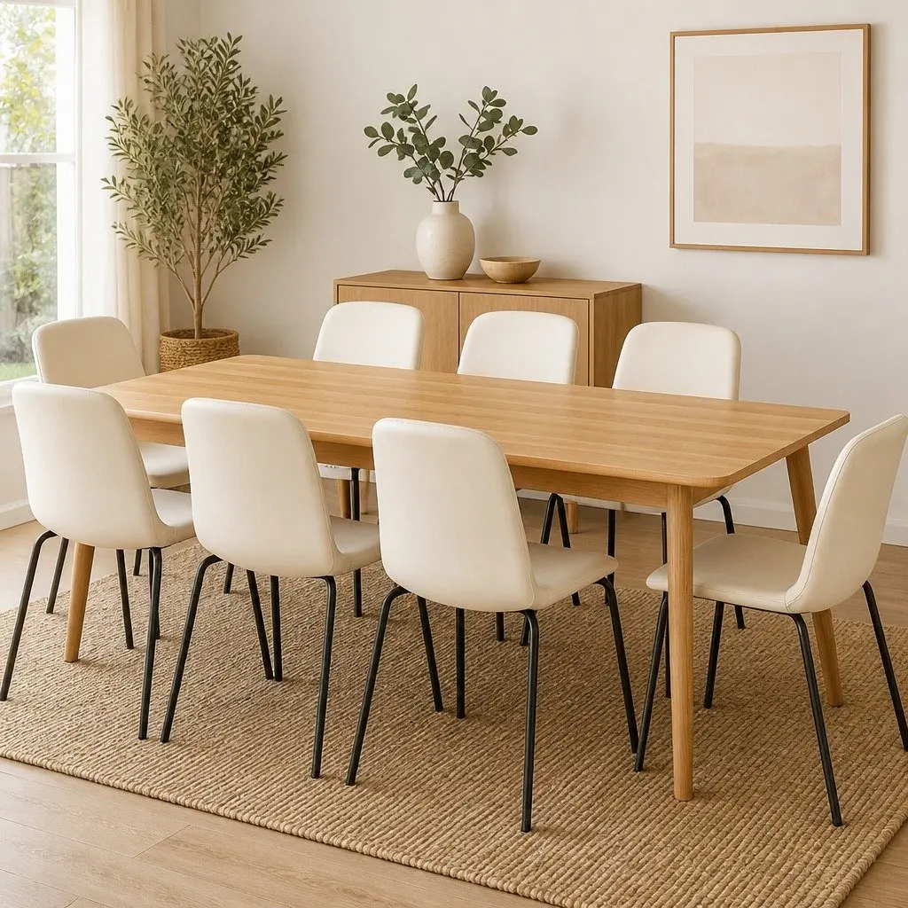 Set of 8 Ergonomic Dining Chairs Beige Space-Saving Steel Frame PU Leather Upholstery
