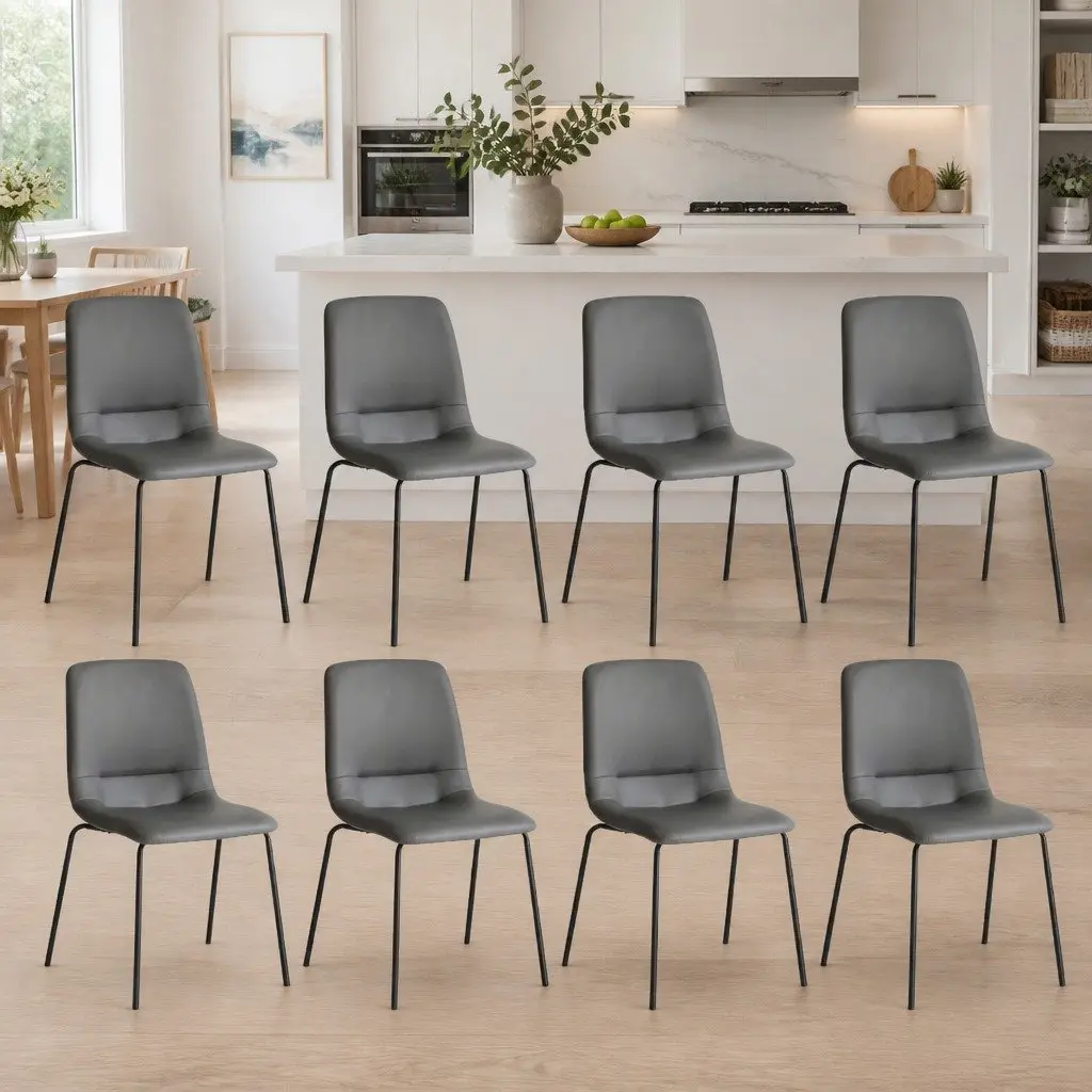 Stackable Dining Chairs Contemporary Dark Grey Steel Frame PU Leather 8 Piece