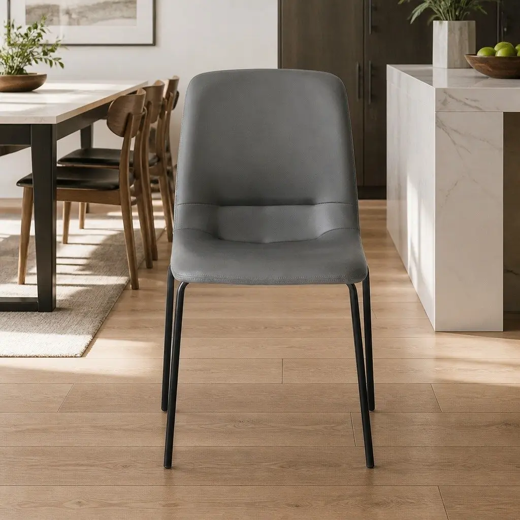 Stackable Dining Chairs Contemporary Dark Grey Steel Frame PU Leather 8 Piece