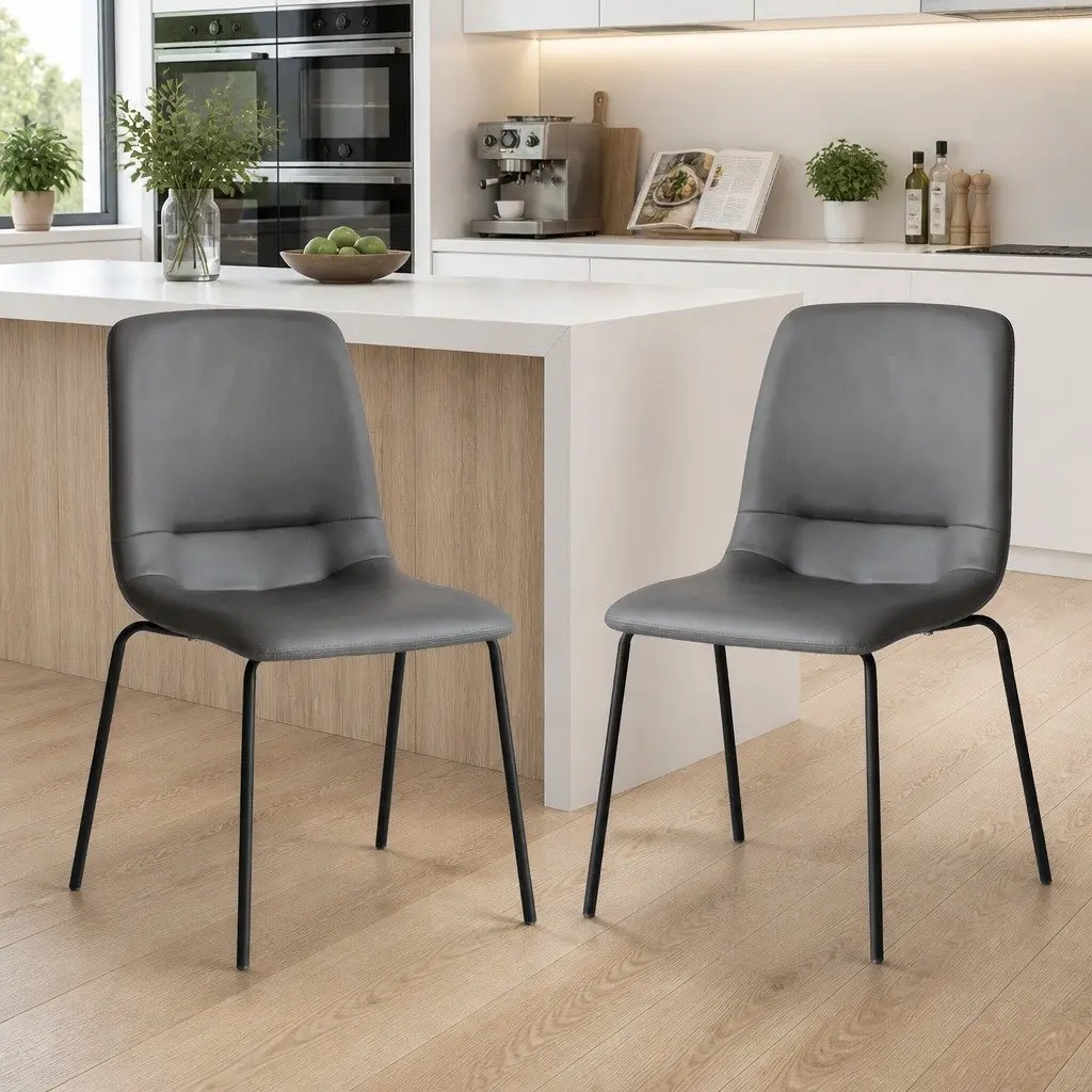 Stackable Dining Chairs Contemporary Dark Grey Steel Frame PU Leather 8 Piece