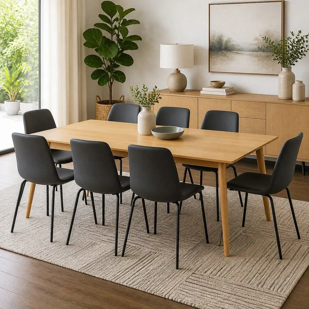 Stackable Dining Chairs Contemporary Dark Grey Steel Frame PU Leather 8 Piece