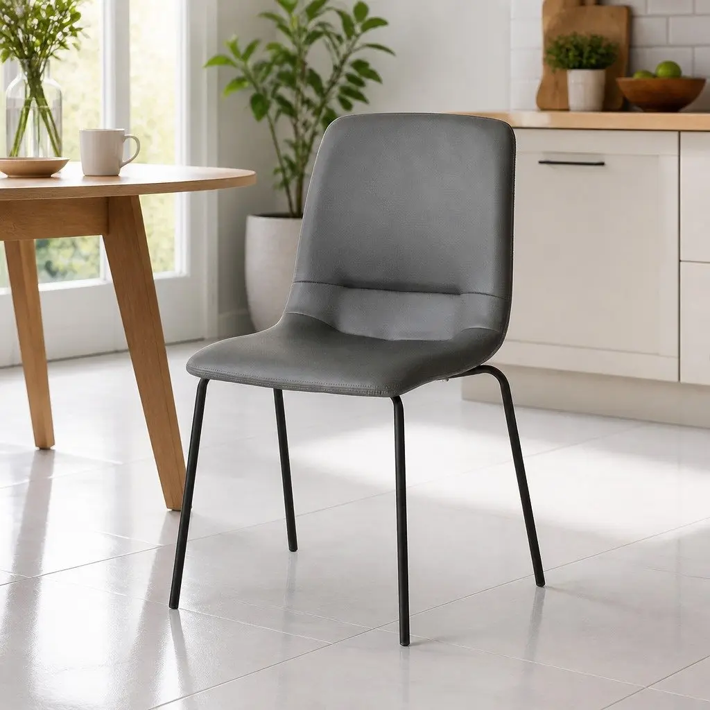Stackable Dining Chairs Contemporary Dark Grey Steel Frame PU Leather 8 Piece