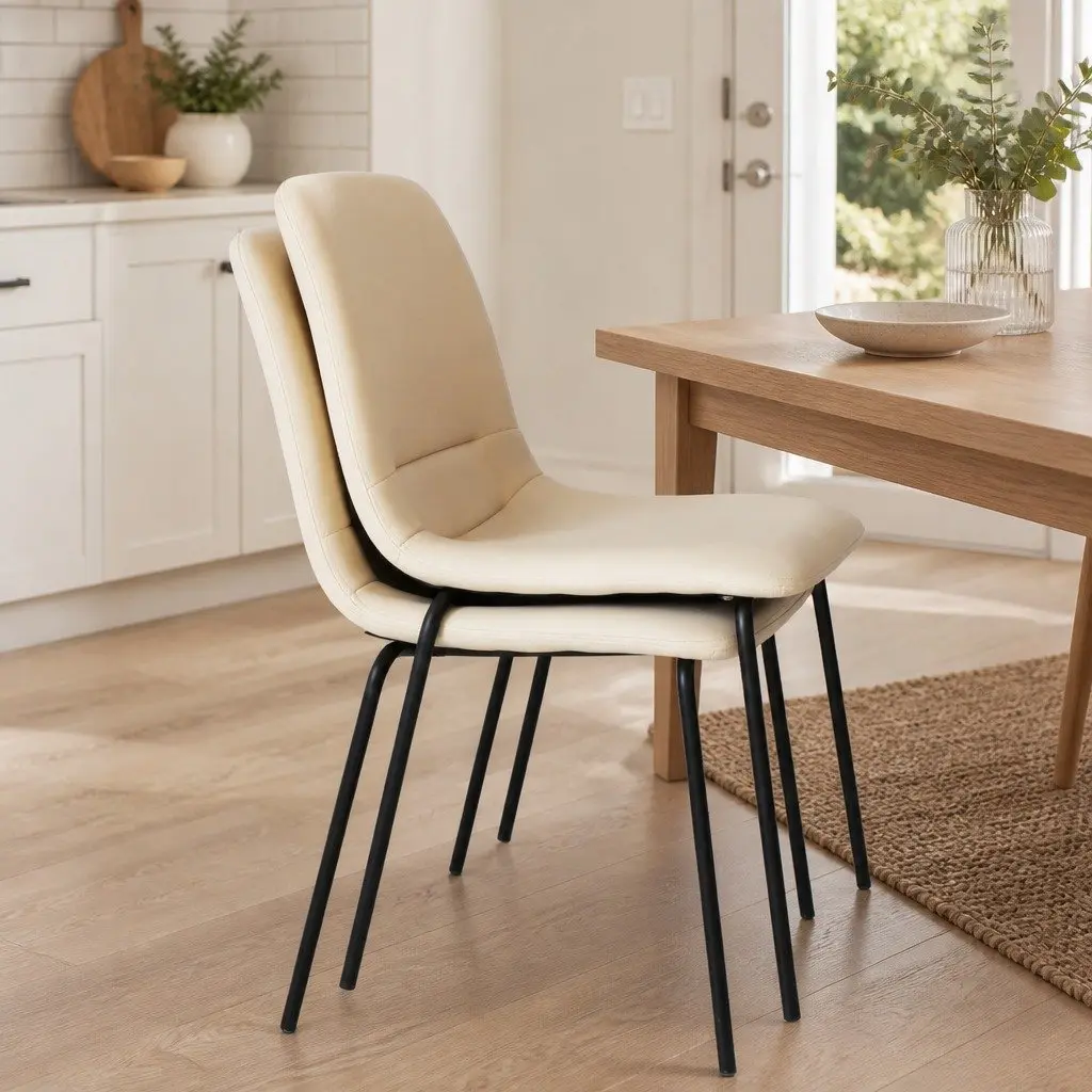 Beige Stackable Dining Chairs Set of 4 with Steel Frame