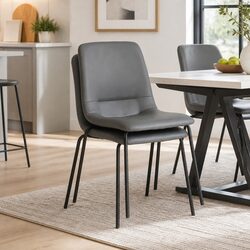Stackable Dining Chair in Grey PU Leather with Steel Frame