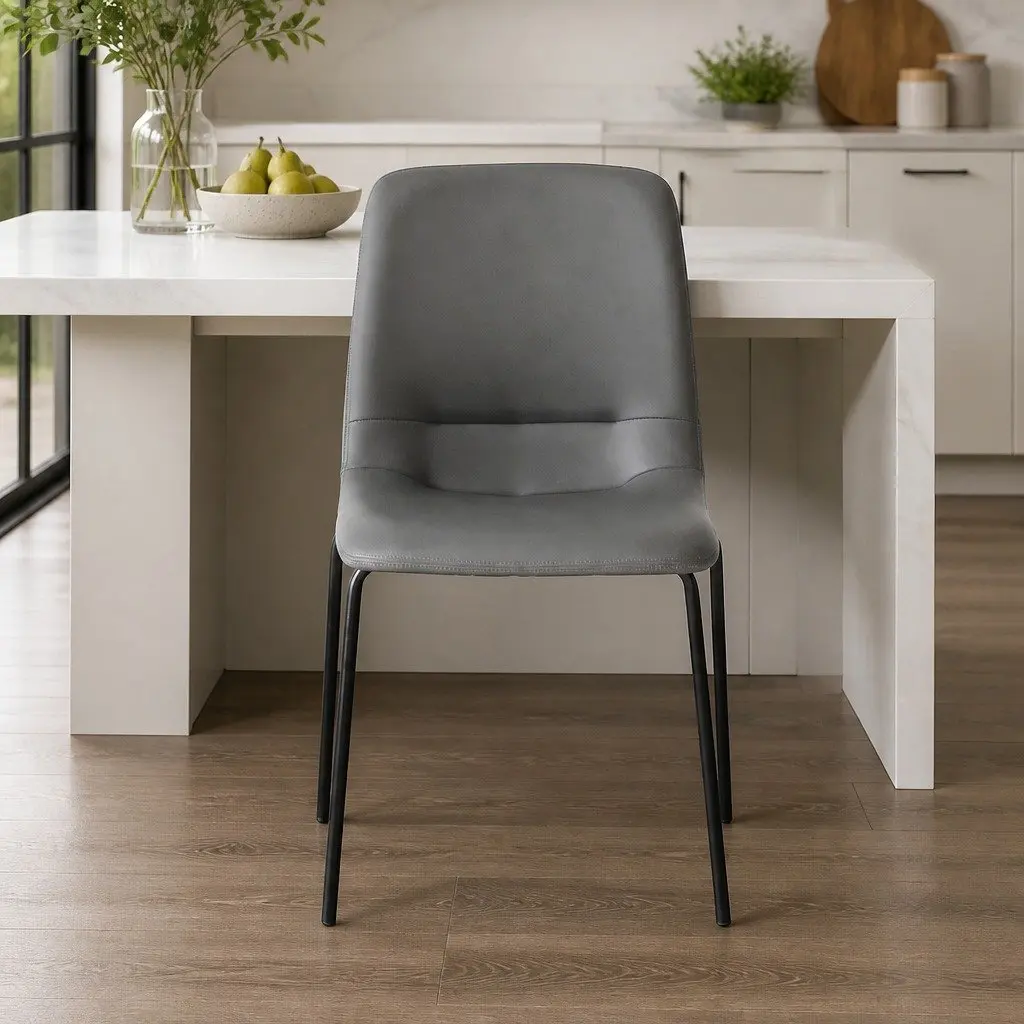 Stackable Dining Chair in Grey PU Leather with Steel Frame