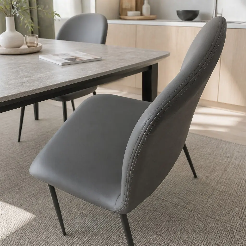 Stackable Dining Chair in Grey PU Leather with Steel Frame