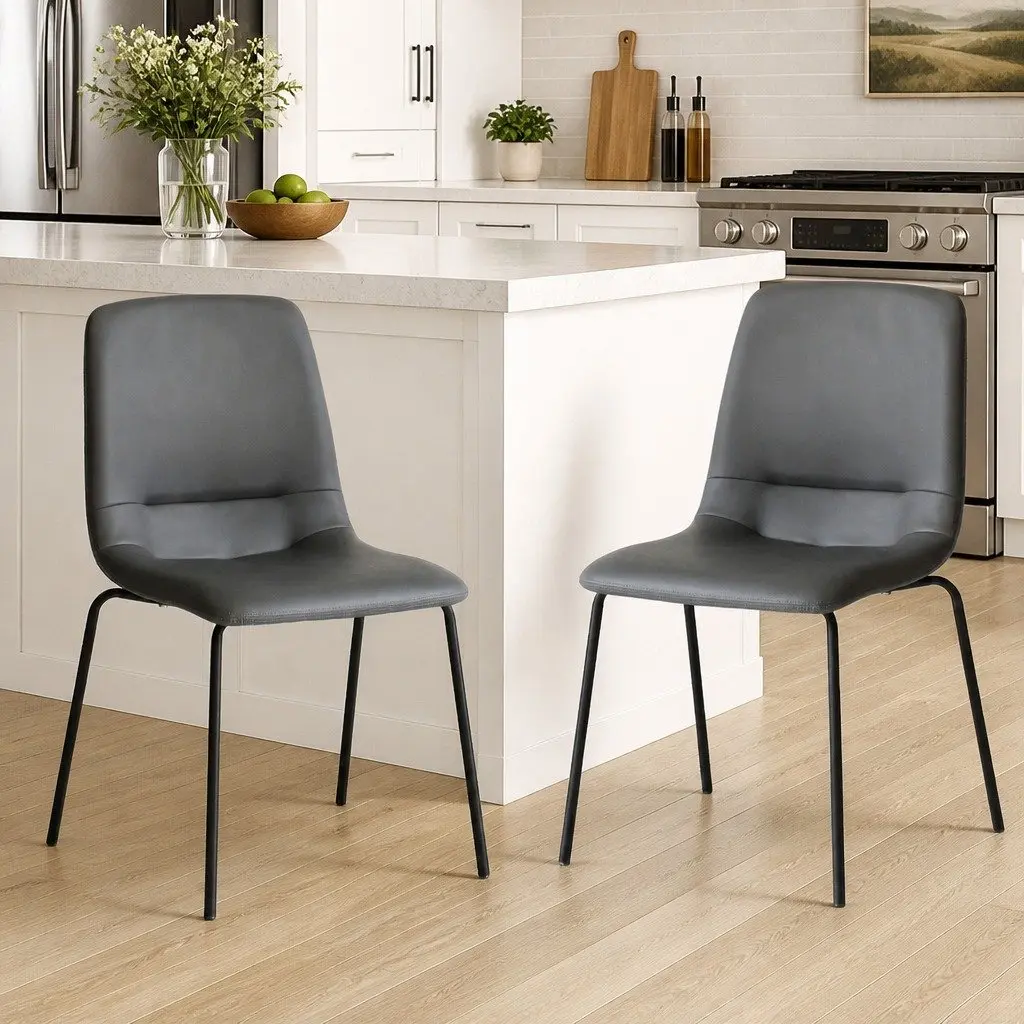 Stackable Dining Chair in Grey PU Leather with Steel Frame