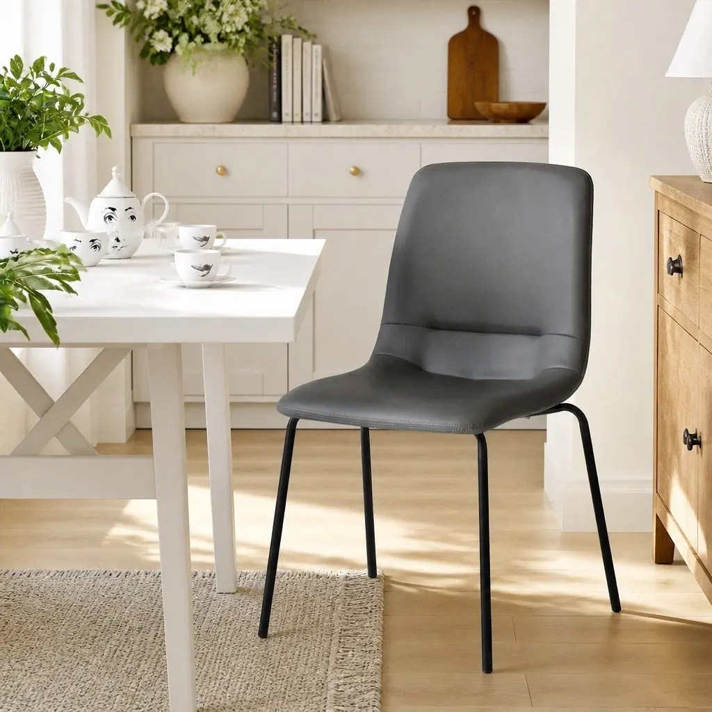 Stackable Dining Chair in Grey PU Leather with Steel Frame