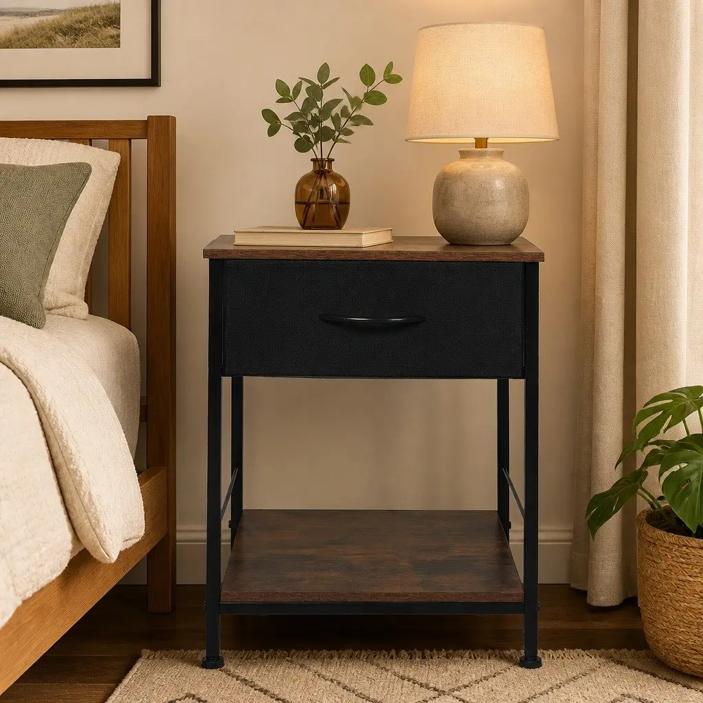 Bedside Table Metal Frame MDF Top with Drawer and Shelf Brown and Black 40cm W x 40cm D x 52.5cm H