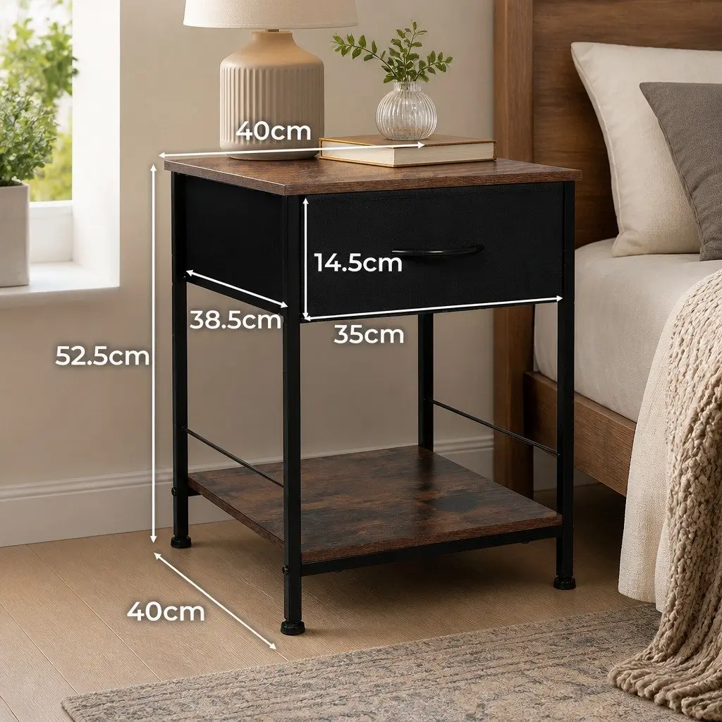 Bedside Table Metal Frame MDF Top with Drawer and Shelf Brown and Black 40cm W x 40cm D x 52.5cm H