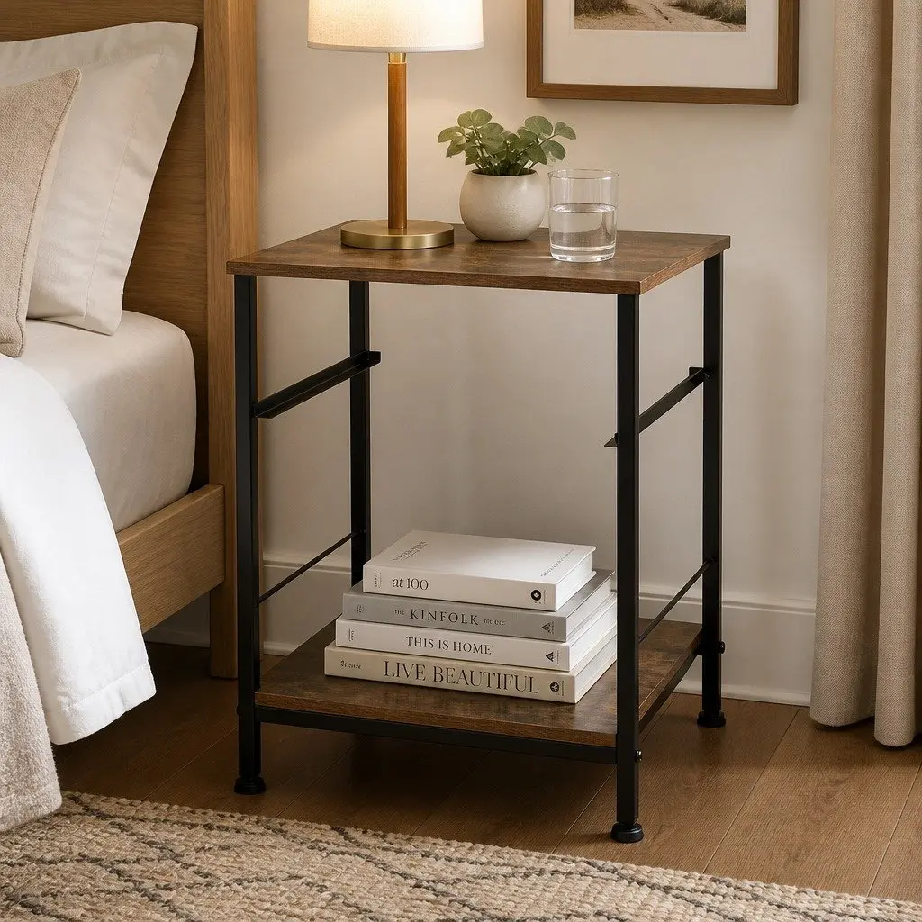 Bedside Table Metal Frame MDF Top with Drawer and Shelf Brown and Black 40cm W x 40cm D x 52.5cm H